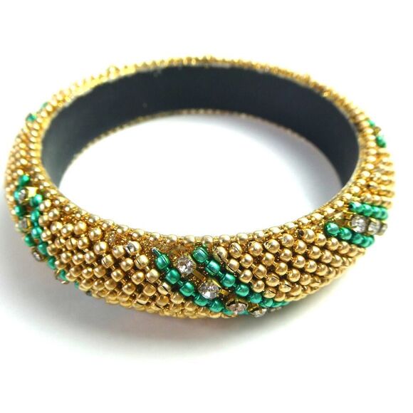 Jewelry - Gold Green Teal Rhinestone Beaded Chunky Boho Bangle Bracelet Ball Chain Sparkly